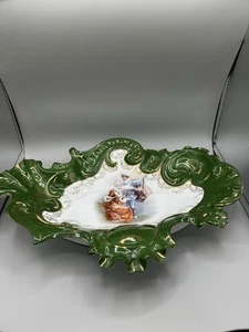 Large Austrian porcelain bowl green with gold accent, rare vintage fine - Picture 1 of 8