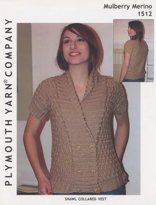 Plymouth Yarn KNITTING PATTERN Mulberry Merino Shawl Collared Vest Women 36"-44" - Image 1 of 2