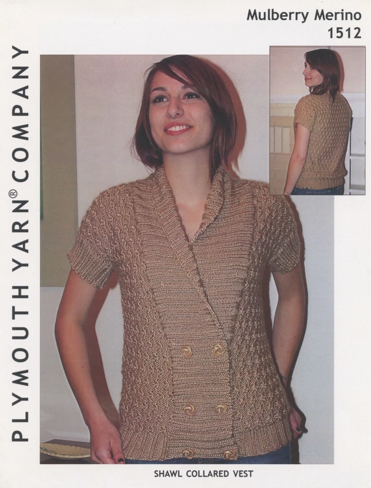 Plymouth Yarn KNITTING PATTERN Mulberry Merino Shawl Collared Vest Women 36"-44" - Image 1 of 2