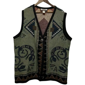 VTG Its In The Bag Womens 1X Green Tapestry Vest Aztec Gecko Western Boho Cotton - Picture 1 of 7