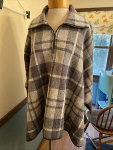 Madewell XS Merino Wool Poncho Cape Sweater Gray Plaid Sleeves Zip EUC - Picture 1 of 4