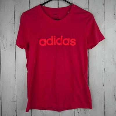 Camiseta Adidas feminina pequena manga curta gola redonda logotipo linear rosa poderoso - Imagem 1 de 4