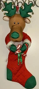 VTG 1980s Parachute Nylon 24" Reindeer Christmas Stocking w/ Jingle Bell Antlers - Picture 1 of 4