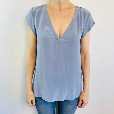 Joie Size S Blue Silk Lightweight V Neck Short Sleeve Top Designer - Image 1 of 4