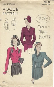 1940s WW2 Vintage VOGUE Sewing Pattern B34" JACKET (1809) - Picture 1 of 4