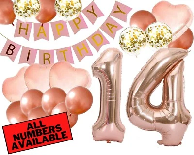 14th Birthday Decorations For Her - Pink and Rose Gold Theme - Balloons, Banner - Image 1 of 4