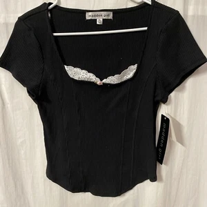 Juniors' madden girl Square Neck Short Sleeve Corset Top with Peekaboo Trim XL - Picture 1 of 6