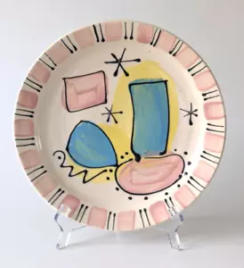 Narelle Derwent Tableware Pottery Dinner Plate Pink Aqua Signed 1996 Vintage - Picture 1 of 5