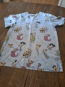 Vintage Y2K Medium The Flintstones Viva Rock Vegas VNeck Scrub Top Pockets - Picture 1 of 2