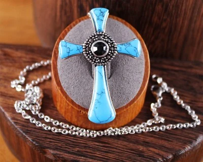 Halo Black Onyx with Howlite Cross Pendant Necklace 316L Stainless Steel 20" - Image 1 of 4