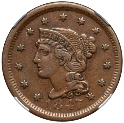 Moeda de centavo grande 1847 N-36 R-5 NGC XF detalhes cabelo trançado 1c - Imagem 1 de 3
