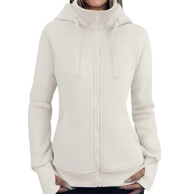 Chaqueta con Capucha Jockey Para Mujer Polar Crema Suave Elastizada Cremallera Frontal Agujeros para Pulgar L Foto 1 de 4