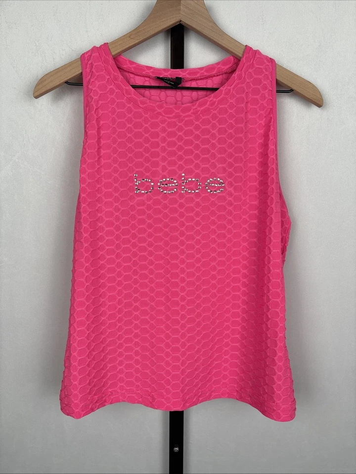 Camiseta sin mangas Bebe Hot rosa talla XL estrás joya cristales logotipo Y2K años 2000 elástica Foto 1 de 4
