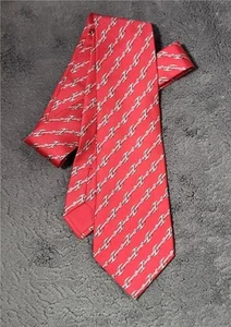 HERMES Paris 100% Silk Red Necktie Equestrian Buckle Belt Stripe 951 IA - Picture 1 of 3