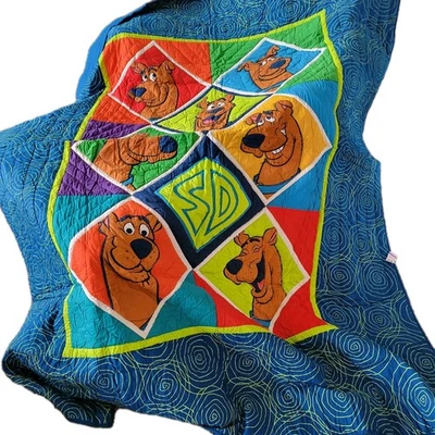 Vtg 1990s Scooby-Doo Faces Twin Size Blanket Quilt Colorful Color Block EUC  - Image 1 of 4