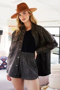 Traumhaftes Rehkitz Neu mit Etikett Nieten Wildleder Overshirt/Jacke grau Gr. L Western Glam Boho - Bild 1 von 11