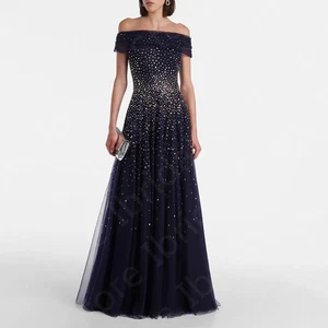 Mother Dress Dark Navy Mother of the Bride Gown Tulle Off Shoulder Wedding Party - Picture 1 of 11