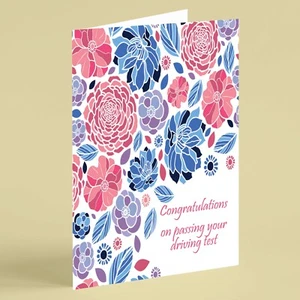 Pink and blue flowers Congratulations on passing your driving test card - female - Picture 1 of 1