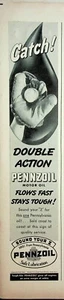 1949 Pennzoil Motor Oil Vintage Print Ad 1940s Flows Fast Stays Tough Baseball - Picture 1 of 1