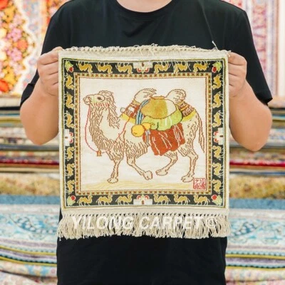 1x1ft Hand Knotted Area Rug Bedroom Silk Carpet Camel Tapestry LJH113A - Image 1 of 4