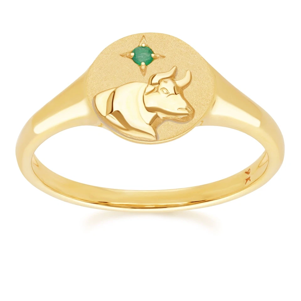 Zodiac Emerald Taurus Signet Ring In 9ct Yellow Gold — 第 1/4 张图片