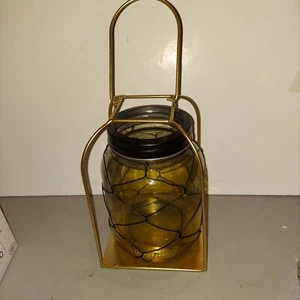 Chicken Wire Yellow Glass Jar Candle Lantern in Metal Hanger with Flat Base -... - Picture 1 of 6