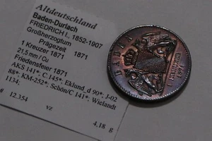 🧭 🇩🇪 ALEMANIA BADEN-DURLACH 1 KREUZER 1871 VICTORIA SOBRE FRANCIA ALTO GRADO B79  - Imagen 1 de 3