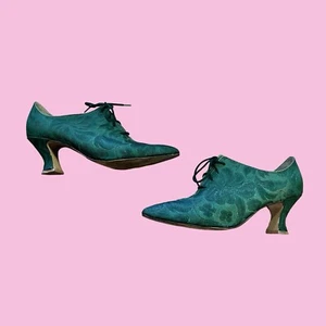 Vintage 1990s Y2K Forest Green Floral Lace Up Victorian Style Heeled Shoes - Picture 1 of 14