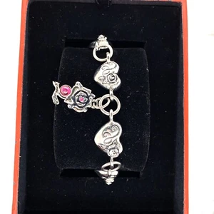 Authentic Ed Hardy Heart & Rose Charm Stainless Steel Bracelet 8.5” - Picture 1 of 12