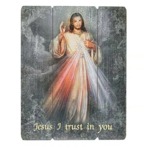 Divine Mercy Jesus I Trust In You Wood Plaque 12x15 Distressed Farmhouse Look - Picture 1 of 1