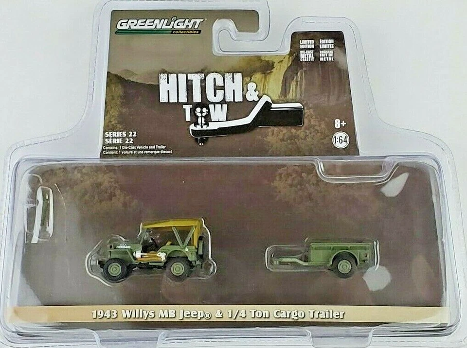 1:64 GreenLight 1943 Willys MB Jeep w/ 1/4 ton Cargo Trailer Hitch & Tow 22 - Image 1 of 1