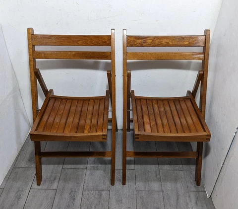 Vintage Pair of Slat Wood Folding Chairs Rustic Mid Century Modern Romania Cover