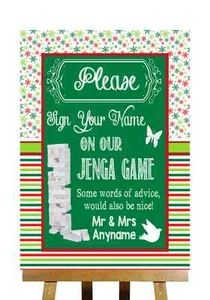Rot & Grün Winter Weihnachten Jenga Spiel Botschaft Personalisiert Hochzeit Schild - Bild 1 von 8