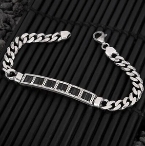 925 Sterling Silver, Black Baguette Stone, Gurmet Model, Men's Silver Bracelet - Picture 1 of 9