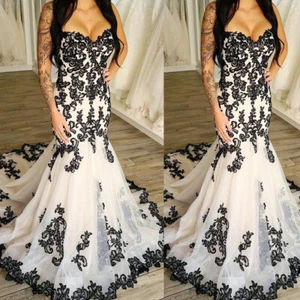 Gothic Mermaid Wedding Dresses Black Lace Applique Sexy V Neck Bridal Gowns - Picture 1 of 9