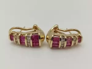 14K Yellow Gold APX 2 CTW Ruby Diamond Omega Back Earrings (ML1074522) - Picture 1 of 5