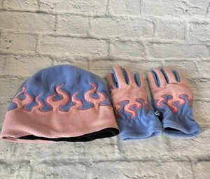 LL Bean y2k Fleece Beanie Hat and Gloves Pastel Pink Blue Flames Kids Sz Medium - Picture 1 of 10