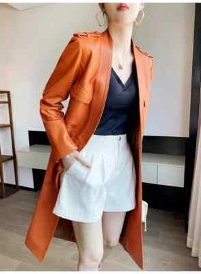 Nueva gabardina naranja genuina hecha a mano de cuero de piel de cordero elegante fiesta para mujer Foto 1 de 4