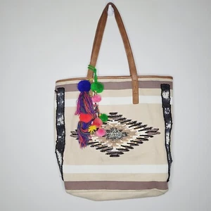 Sam Edelman Thea  Sequin Beaded Tote Fabric Large Boho Beachy Bohemian Peasant  - Picture 1 of 18
