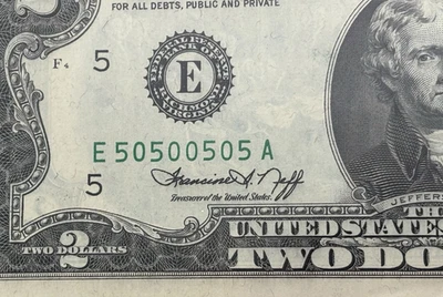 CRISP 1976 $2 Repeater Radar Fancy Serial Number Note Two Dollar Bill 50500505 - Image 1 of 4