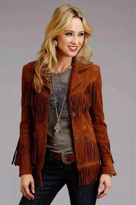 Women Western Brown Cowgirl Leather Suede Leather Classic Jacket with Fringe - Image 1 of 4