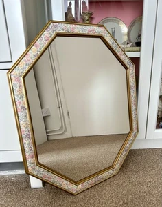 Vintage Hexagon Wall Mirror Floral & Gold Tone Frame Cottagecore French Country - Picture 1 of 15