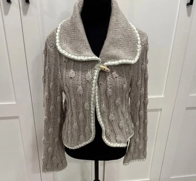 Cárdigan recortado Kenji tejido a mano manga campana tejido bobble lana piel suéter L Foto 1 de 4