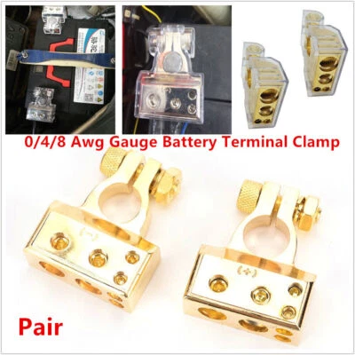 Kit de braçadeira terminal de bateria positiva e negativa para carro calibre 0/4/8 Awg dourado - Imagem 1 de 4