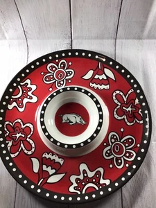 Arkansas Razorbacks 14” Red White Black Serving Platter With Dip Cup - Picture 1 of 10
