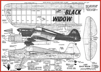 Model Airplane Plans (UC): LADY BLACK WIDOW 49" Stunter for .35 Engine - Image 1 of 3