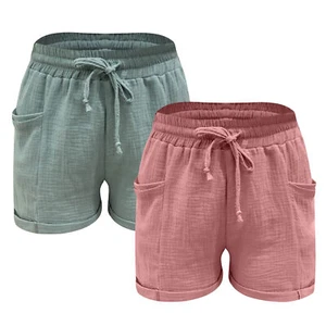 Linen Shorts Women Casual Drawstring Linen Shorts With Pockets Womens Fashion - Picture 1 of 16