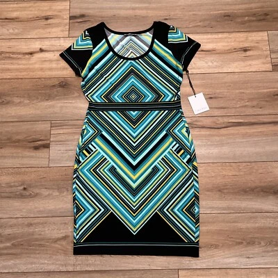 Vestido Vaina Calvin Klein Talla 6 Pullover Elastizado Turquesa Amarillo Manga Corta Foto 1 de 4