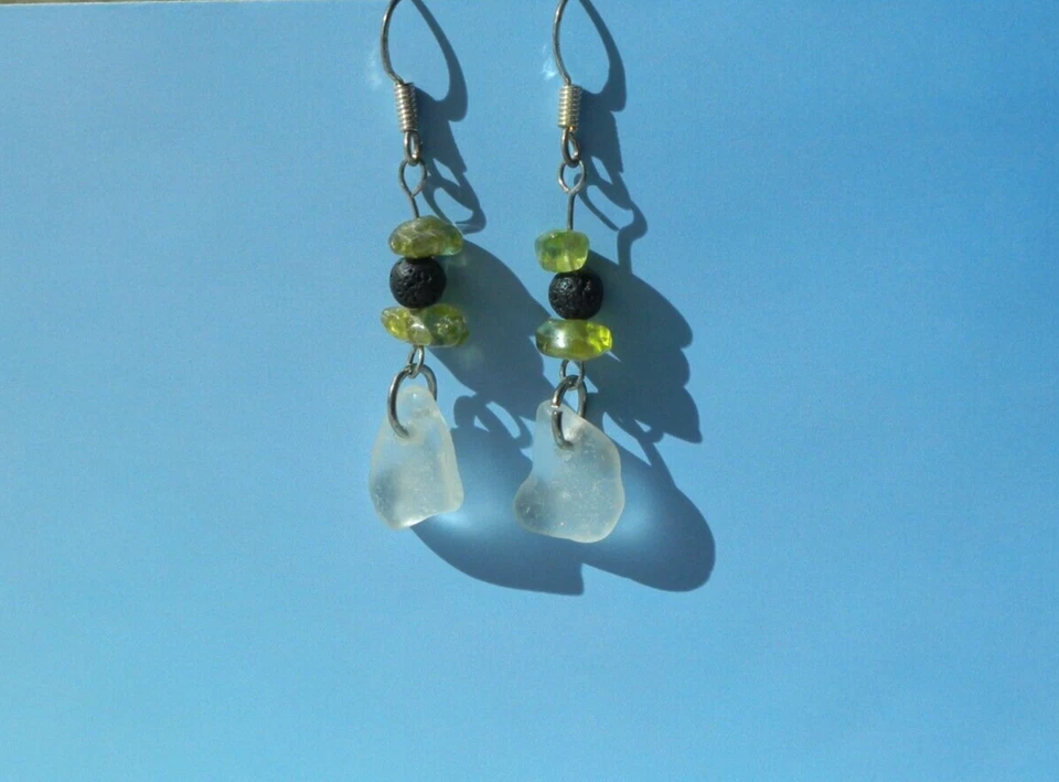 Pretty Peridot Earrings with Lava Beads and Real Seaglass. Handmade - Image 1 of 1