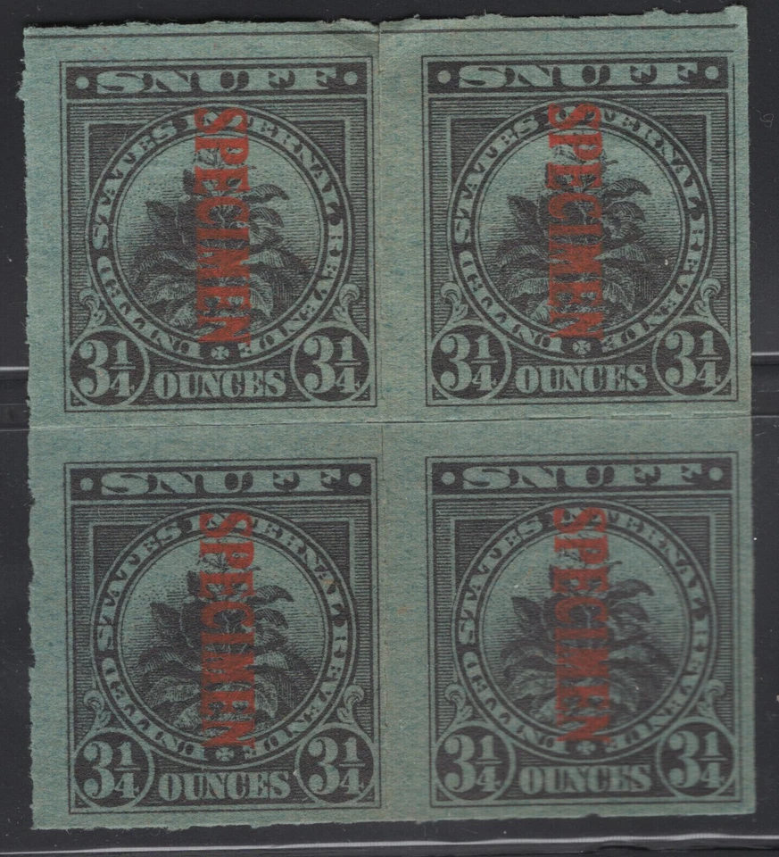 US Taxpaid Revenue Stamp Specimen  Block of 4 - Springer TES19 Snuff 3 1/4 oz - Image 1 of 1